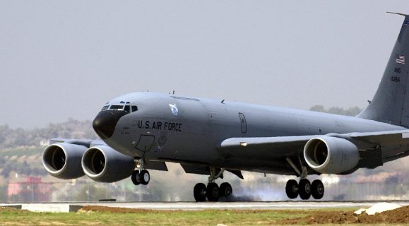 INCIRLIK AIR BASE, Turkey -- A KC-135 Stratotanker from the Air National Guard's 121st Air Refueling Wing at Rickenbacker International Airport, Ohio, touches down on the flightline here. U.S. officials are sending four KC-135 Stratotanker aircraft and six aircrews to provide air-refueling support for operations Enduring Freedom and Iraqi Freedom. Aircraft and people began arriving Aug. 19 and should be in place by Aug. 23. (U.S. Air Force photo by Tech. Sgt. Vince Parker)